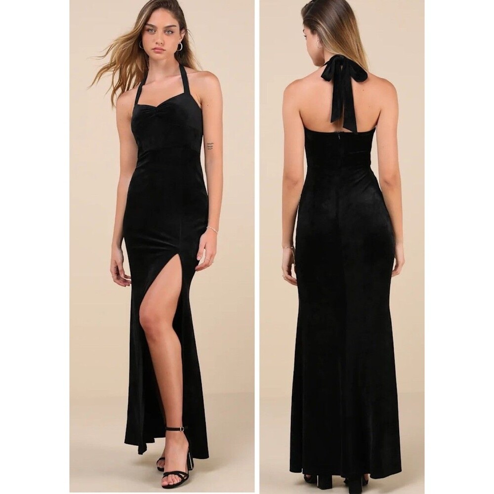 Lulus Luxurious Statement Black Velour Halter Mermaid Maxi Dress Size XS Formal